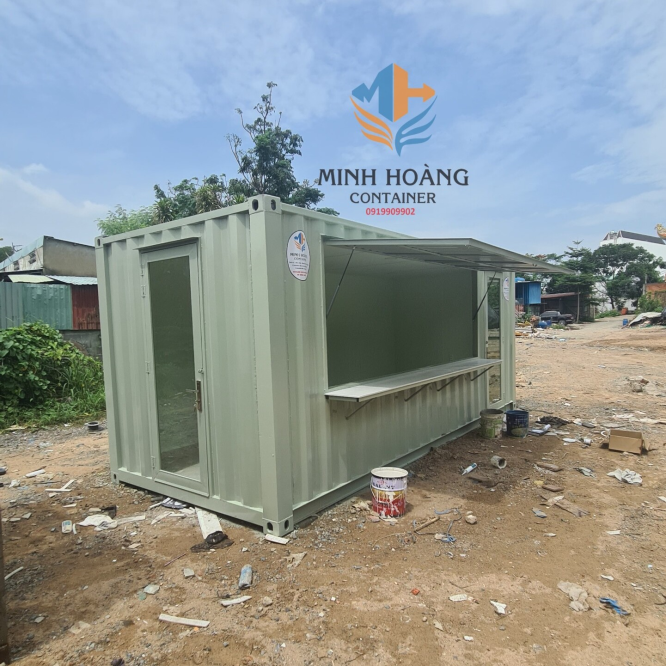 Container cafe 20 feet xanh pastel sang xịn mịn dạng cửa kính tạo không gian mở rộng rãi thoáng mát