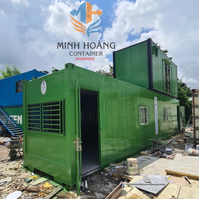 Bộ đôi container văn phòng 40 feet xanh lá kèm máy lạnh, điện, đèn đầy đủ option chia hai phòng M2