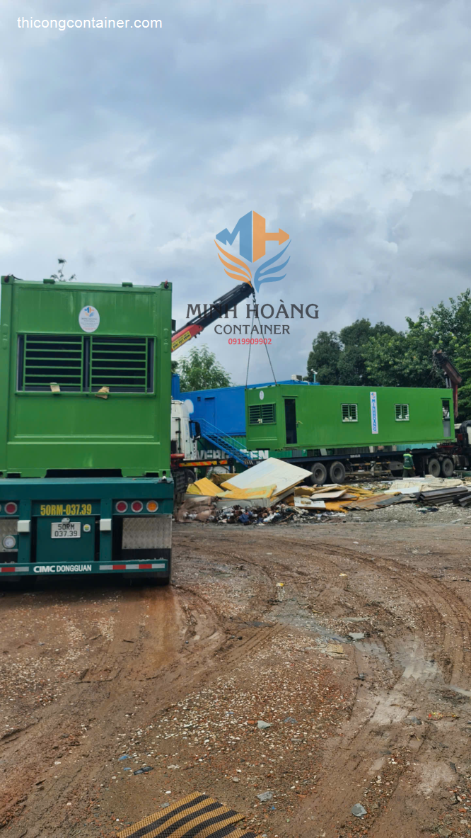 Bộ đôi container văn phòng 40 feet xanh lá kèm máy lạnh, điện, đèn đầy đủ option chia hai phòng M2-1